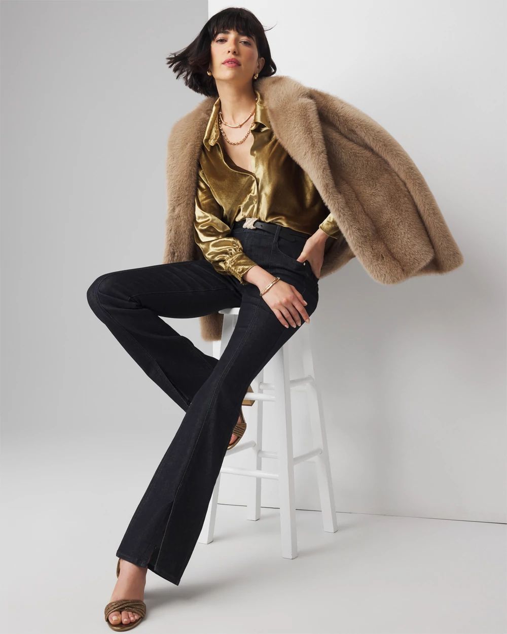High-Rise Sculpt Skinny Flare Ankle-Slit Jeans | White House